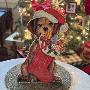 Vtg 90s Christmas Puppy Dog Santa Hat Flat Wood Sign Stand Retro Country Decor
